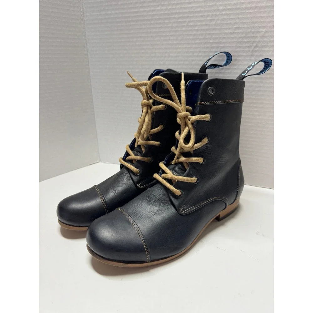 John Fluevog Radio CBC Black Leather Lace Up Cap Toe Boots Blue Lining‎ Mens 7